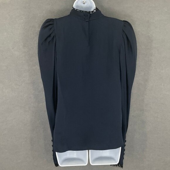 FRAME Top Womens Sz M Navy Silk Mock Neck Dainty Lace Trim Renaissance Romantic - Picture 2 of 12